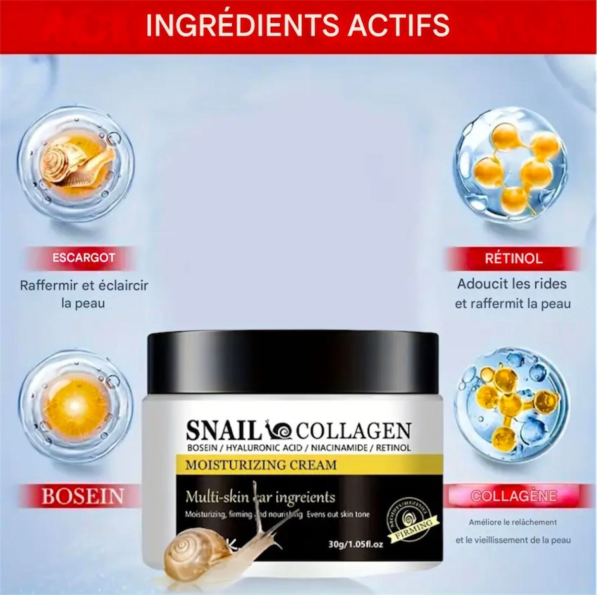 Crème hydratante au Collagène d’Escargot avec Niacinamide &Acide Hyaluronique
